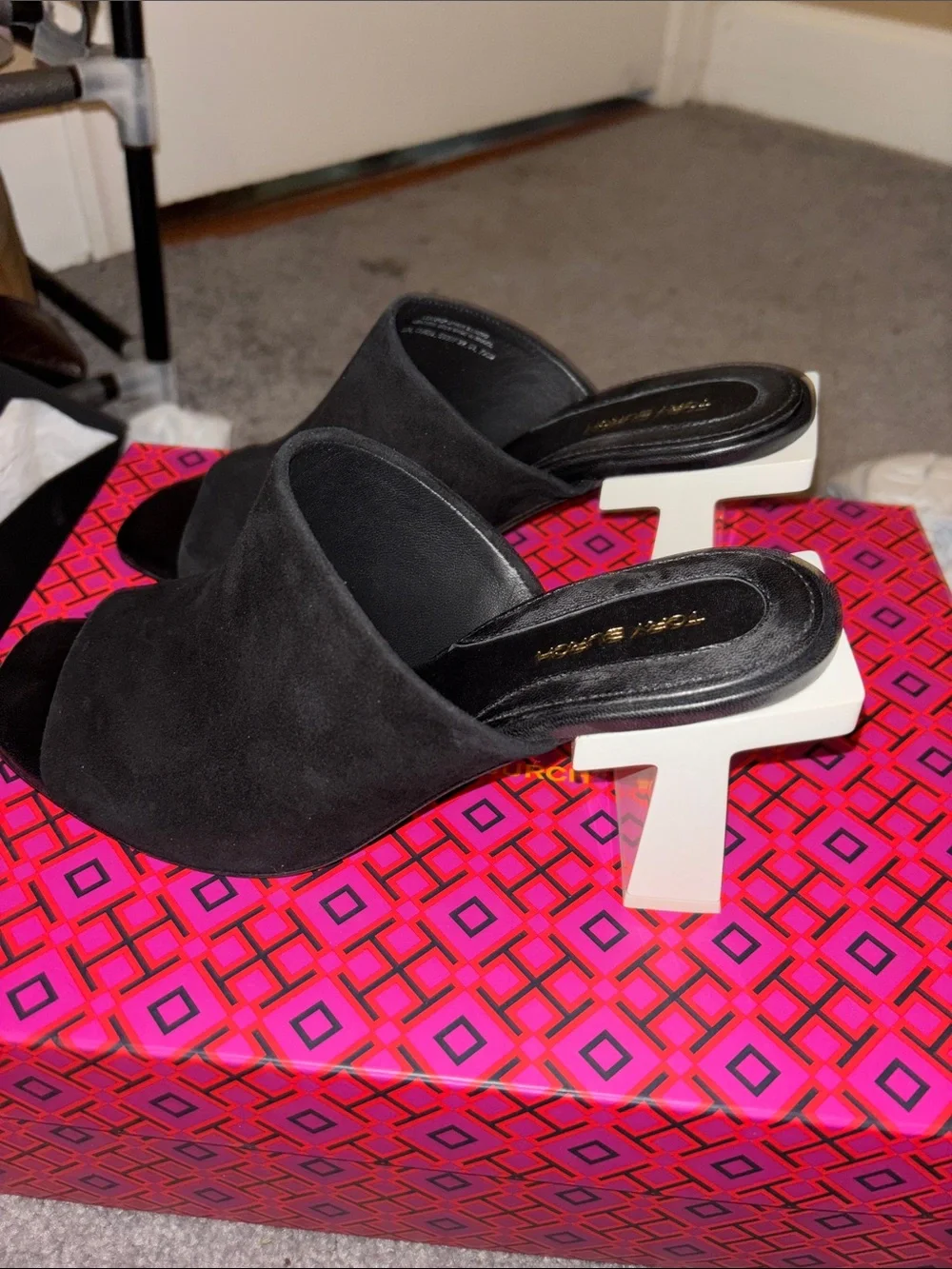 Tory Burch Black Suede Open-Toe Mule Slides